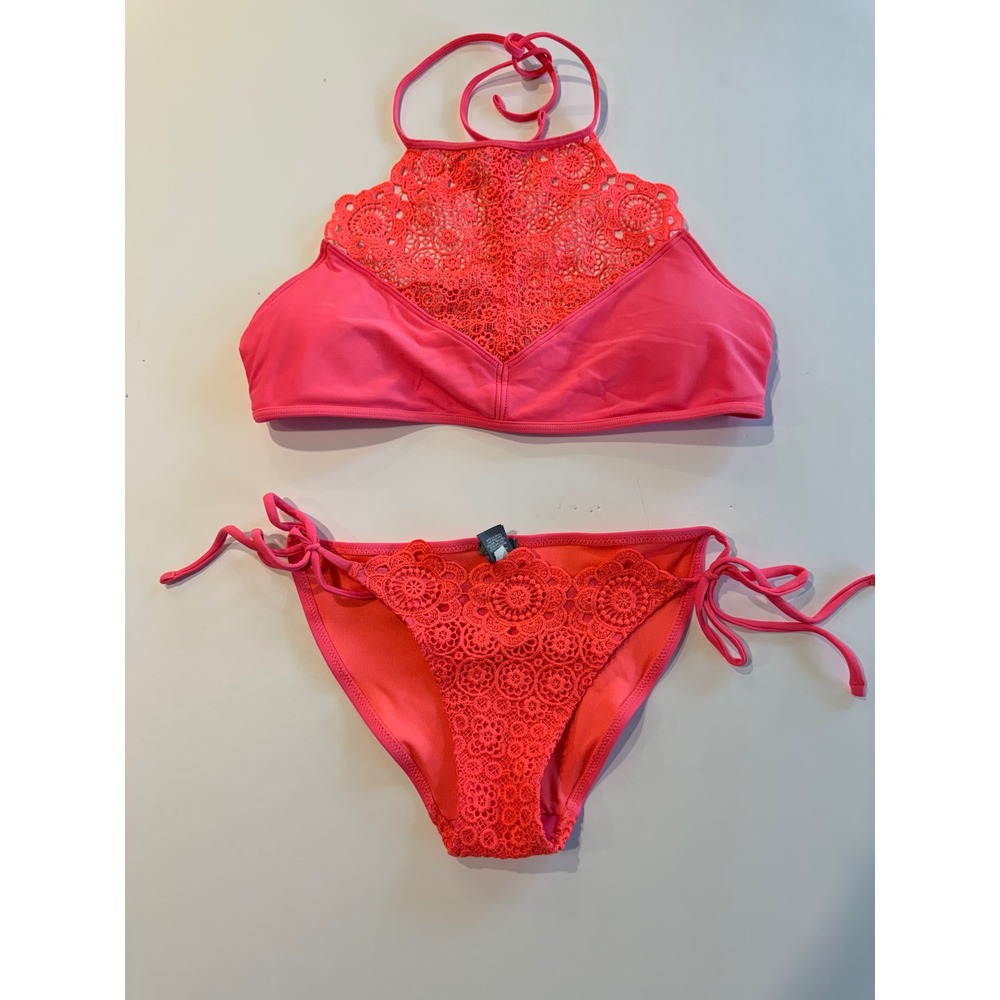 Aerie Pink Crochet Lace High Neck Bikiniβ Set Halter Top L Side Tie Bottoms XS